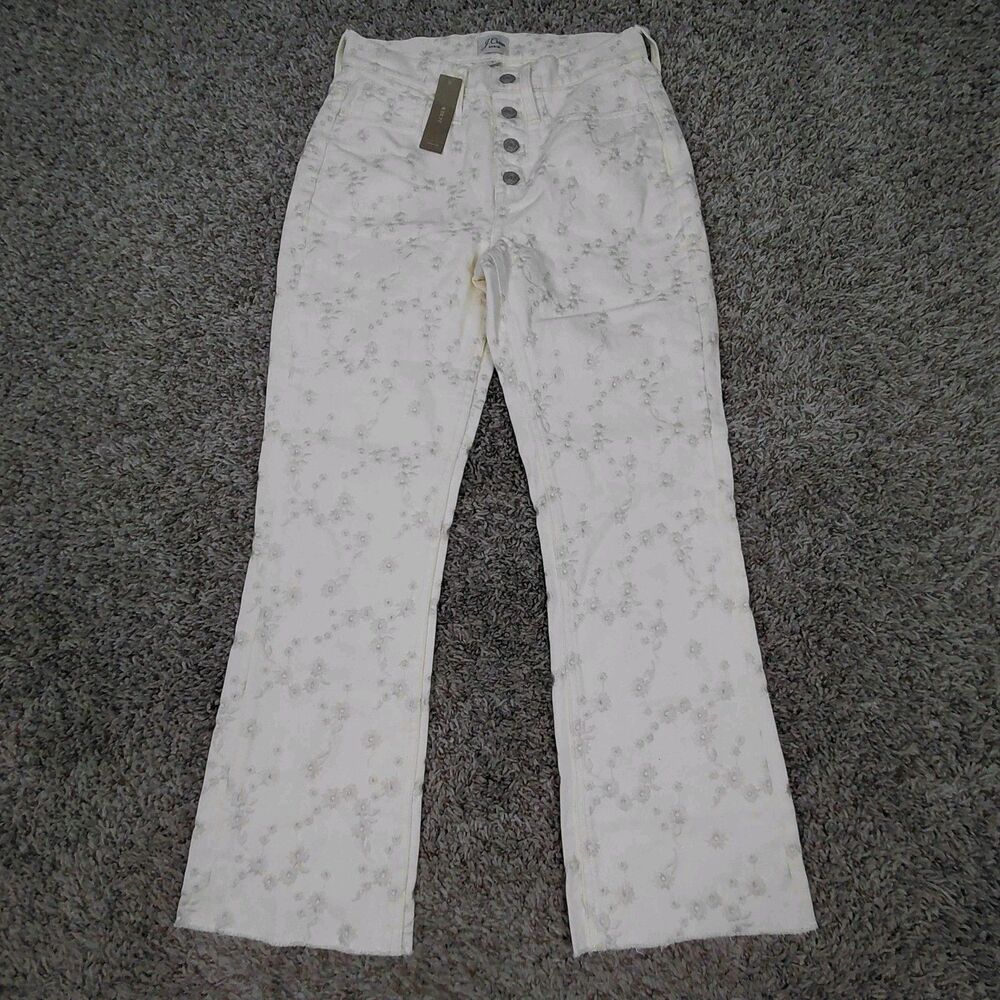 NEW J. Crew Billie Demi Boot Crop Jeans Womens 24 Natural Floral Embroidered
